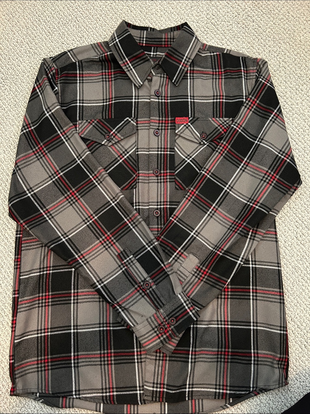 DIXXON Black and Gray Plaid Button-Down Shirt with Red Trim